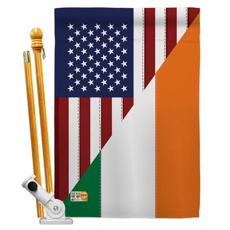 GARDENCONTROL 28 x 40 in. US Irish Friendship Vertical Double Sided House Flag Set with Pole Bracket Hardware GA2040907
